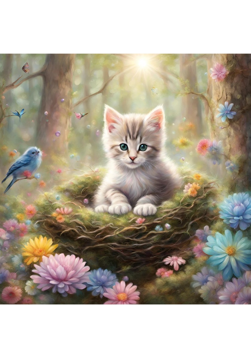 Kitten Flower Cat Illustration Painting Picture Interior L Print ★NO81, Hobby, Culture, Artwork, others