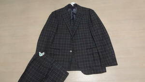 美品170cmW88cm★イタリア製LUIGIBOTTO×Blu e Grigio★RingJacket★美シルエット★段返り3Bスーツ/黒濃グレー織チェック★水牛本切羽