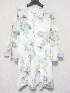 美品 TED BAKER テッドベーカー 花柄 フリル 長袖 フレアスリーブ ワンピース 0 ホワイト