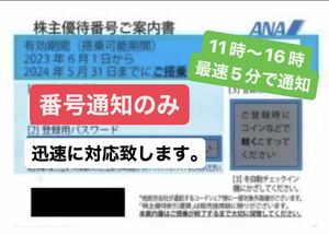 【迅速コード通知のみ】ANA株主優待券 番号 通知 パスワード 通知 全日空　ANA株　有効期限2024年5月31日迄 1枚価格　①