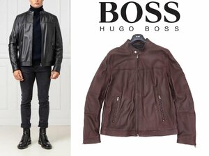 20万新品◆54=XL◆BOSS ヒューゴボス ラムレザーフルジップジャケット『Nestem』濃赤茶系 1円