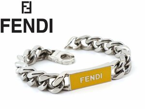 12万新品◆S◆FENDI フェンディ 黄ロゴプレート 真鍮メタル シルバーチェーンブレスレット 1円