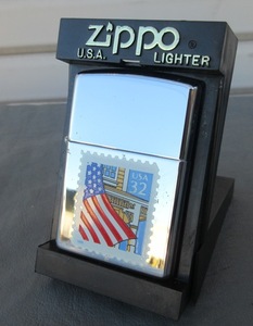 ☆クリックポスト￥185☆1997年製 Zippo ジッポ アメリカ国旗 星条旗 切手絵入 Flag over Porch メッキ ジッポライター