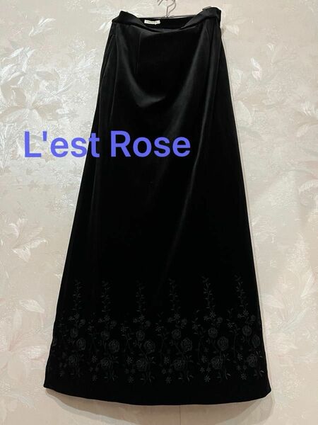 L'EST ROSE★レストローズ★黒 バラの花 刺繍 ローズ 薔薇 ベルベット ロングスカート 日本製