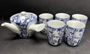 微美品 有田焼 稚峰作 染付白磁 茶器セット 急須/湯呑み 5客 竹絵 和食器