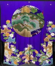 ★きものさらさ　アンティーク着物帯★縮緬　ちりめん　時代衣装　菊　刺繍　振袖　扇　古典文様　大正　正絹　古布　古裂　時代裂　_画像1