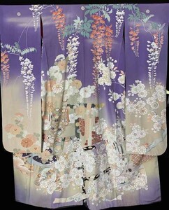 ★きものさらさ　アンティーク着物帯★振袖　桜　刺繍　藤　御簾　誰ヶ袖　春花　大正ロマン　古典文様　正絹　古布　古裂