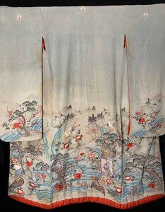 ★きものさらさ　アンティーク着物帯★明治時代　時代衣装　正絹　鶴亀文様　刺繍　古布　古裂　時代裂　ちりめん