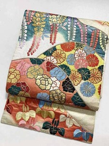 ★きものさらさ　アンティーク着物帯★逸品！丸帯　豪華な日本刺繍　桜牡丹藤橘菊紅葉　四季花文様　重厚　織　正絹　古裂　古布　時代裂　