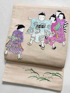 ★きものさらさ　アンティーク着物帯★開き帯　額縁仕立て　夏帯　紗　童　鬼ごっこ　刺繍　正絹　古布　古裂　夏着物　浴衣　