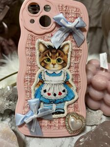 最終値下げ コヤンイサムチョン ハンドメイドスマホケース iPhone14 ピンク　ツイード柄　猫　サンダーちゃん　うねうね　韓国