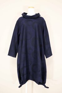 ☆美品2022☆慈雨センソユニコ/ウールコットンサークル柄バルーンワンピース：40/紺xw384