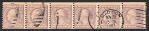 アメリカ切手　1908年シリーズ 輪転印刷コイル切手　３￠切手 type I ５枚連　使用済（#493）
