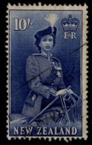 ニュージーランド切手　1954年　エリザベス女王 　高額面普通切手 10 sh　使用済 （#301）