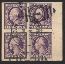 アメリカ切手　1908年シリーズ 無目打切手　３￠切手 ４枚ブロック　使用済（#484）_画像1