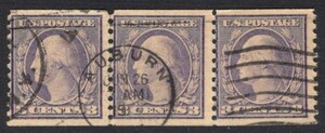 アメリカ切手　1908年シリーズ 輪転印刷コイル切手　３￠切手 type II ３枚連　使用済（#494）