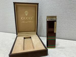 M3306　GUCCI グッチ シェリーライン ガスライター 喫煙具 ゴールド×ブラウン 　ローラ式　箱有　火花散ります！