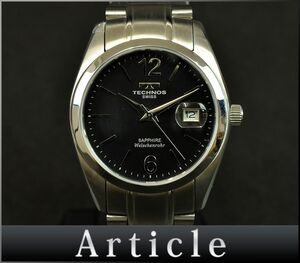 166145◇美品 動作確認済 TECHNOS テクノス メンズウォッチ 腕時計 クォーツ TGM656SB SS サファイアガラス ブラック シルバー/ D