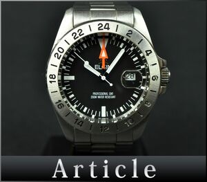 168837☆動作確認済 ELGIN エルジン プロフェッショナル GMT 腕時計 クォーツ デイト FK-1050-LI SS ブラック シルバー メンズ/ D