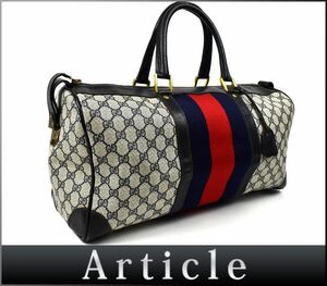 168745□ GUCCI グッチ シェリー オールドグッチ GG柄 ボストンバッグ トラベルバッグ 鞄 PVC レザー 革 グレー ネイビー 紺/ B