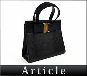 168574◆ Ferragamo フェラガモ ヴァラリボン ハンドバッグ BA21 4178 型押し レザー 革 ネイビー ゴールド金具 レディース/ B