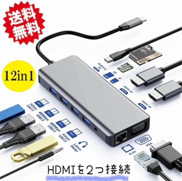 タイプc ハブ 12 IN 1ドッキングステーション USBc ハブ Type-C HDMI VGA 3画面拡 USB3.0