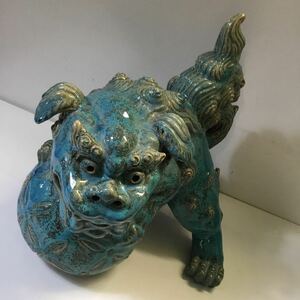 獅子 備前焼 沖縄 シーサー 置き物 玉乗り獅子 陶器 伝統工芸 古美術 骨董品 古玩 オブジェ 九谷焼 OKINAWA キズあり TS1Z