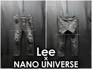 Lee × Nano Universe ダメージ/リペア加工 ストレッチデニム アンクル丈 Lサイズ/約91cm スリム スキニー ジーンズ ブラックデニム