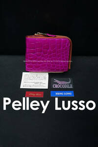 未使用 日本製 Pelley Lusso ヘンローン社製クロコダイル 二つ折り財布 収納多数 パープル 紫 ペレリールッソ ショートウォレット ワニ革