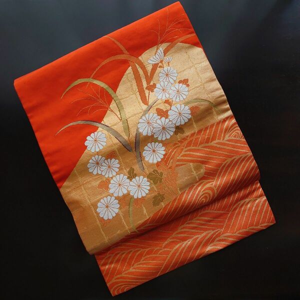 レディース　名古屋帯　正絹　帯　シルク　オレンジ　織物　着物