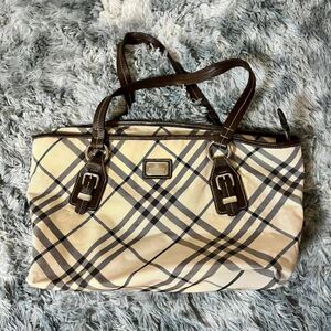 BURBERRY LONDON BLUELABEL バーバリー ブルーレーベル ハンドバッグ 鞄 ノバチェック レザー ロゴプレート SV金具 ベージュ 茶色 USED