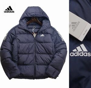 新品 O:XL ゴルフにお勧め adidas GOLF 秋冬 アディダス 軽量 保温 フード付きダウン ジャケット ゴルフウェア 保温 ブルゾン メンズ 紺