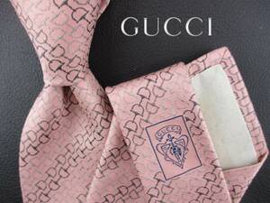  【美品】GUCCI／グッチネクタイ　イタリア製 ローズピンク系／ホースピットストライブ柄　２本以上ご購入で送料無料 S155