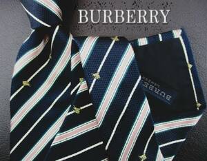  【美品】BURBERRY/バーバリーネクタイ 黒地系／スモールホース刺入りストライブ柄 ２本以上ご購入で送料無料S316