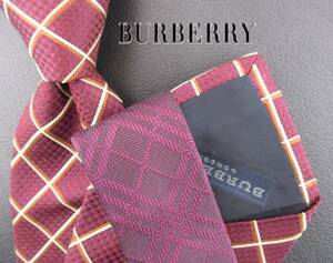  【美品】BURBERRY/バーバリーネクタイ エンジ系／大剣×チェック柄：小剣×無地使い ２本以上ご購入で送料無料S206