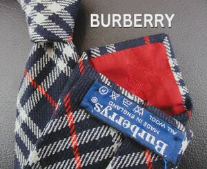  【良品】BURBERRY/バーバリーネクタイ 正規品　英国製 ダークネイビー系／タータンチェック柄 ２本以上ご購入で送料無料S314