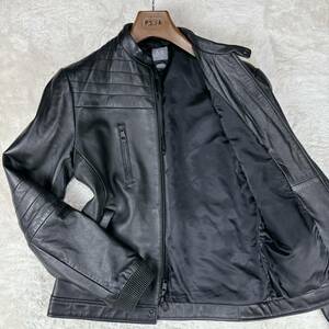 1円 美品 L~Mアルマーニ エクスチェンジ ARMANI EXCHANGE ラムレザージャケットノーカラーライダース ブルゾン 本革 羊革 ブラック 