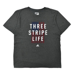 ADIDAS ロゴプリントTシャツ L グレー コットン 星条旗 THREE STRIPE LIFE TEE