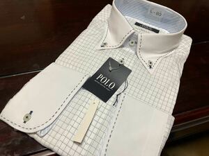 POLO☆クレリック　白地×ブルーブラックチェックワイシャツ　ボタンダウン　L(41-80)　 形態安定