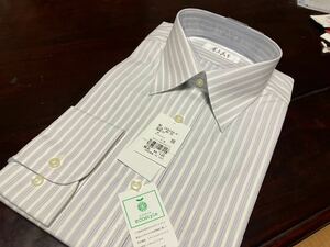 ELLE　HOMME☆グレー地×ストライプワイシャツ　レギュラーカラー　L(40-78)　 形態安定