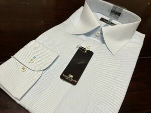 SHIRT FACTORY☆白地×サックスブルーストライプワイシャツ　レギュラーカラー　L(41-82)　形態安定　