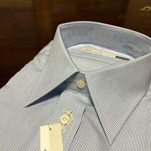 SHIRT MAKER CHOYA☆白×ブルーストライプワイシャツ　レギュラーカラー　L(40-78)　百貨店販売品　好素材