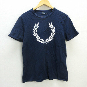 G# Fred Perry /FREDPERRY Logo print T-shirt [M] navy blue /men's/75[ used ]#