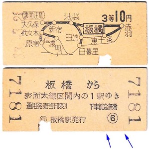 国鉄　地図式乗車券　£308　昭和33年　板橋　→　10円区間　3等