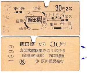 国鉄　地図式乗車券　£309　昭和37年　飯田橋　→　30円区間　2等