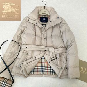 大きいサイズ◆美品◆バーバリー BURBERRY 40/11号/L まろやかミルクティーベージュ♪ベルテッドダウンコート 通勤 セレモニー フォーマル