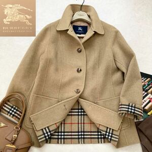 大きいサイズ◆美品◆バーバリー BURBERRY 44/13号/XL-3L カシミヤウールリバー仕立て☆メガチェックコンビダブルフェイスコート キャメル