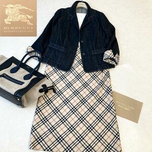 大きいサイズ◆美品◆バーバリー BURBERRY 44/13号/XL-3L ストレッチデニムジャケット&メガチェックロングスカート スーツ 春コーデ♪