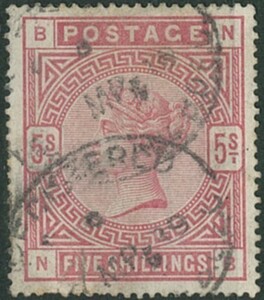 外国切手　イギリス　使用済み　1884年　5sh　スコットNo.108