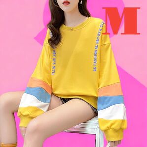 レディーストレーナーイエロー大きめ韓国ファッション袖カラフルレディーストレーナーゆったり大きいサイズビックシルエット